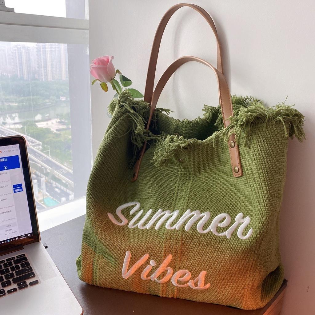 Large Capacity Bag Canvas Tote Bag Embroidered Letter Tote Bag Handbag Women's Bag Woven Beach Bag Shoulder Bag