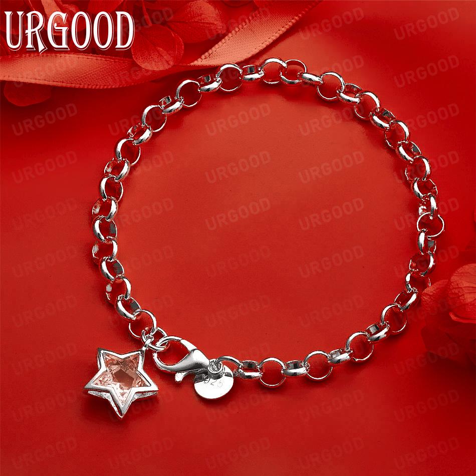925 Sterling Silver Five-Pointed Star Side Chain Handheld Bracelet Gift Jewelry 20CM
