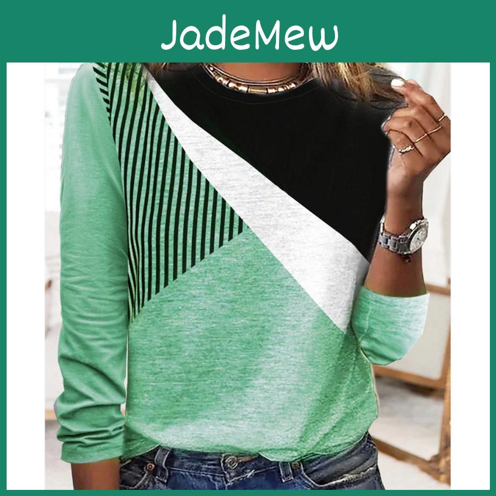Top Womens Color Contrast Autumn T Shirt Long Sleeve Round Neck Loose Tee Shirts