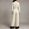 Womens Winter Elegant Stand Collar Long Sleeve Belted Waist Cinched Jumpsuit With Lace Trim Hem Casual Chic Outfit