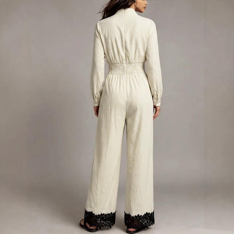 Womens Winter Elegant Stand Collar Long Sleeve Belted Waist Cinched Jumpsuit With Lace Trim Hem Casual Chic Outfit