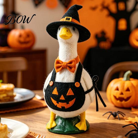 Pumpkin Apron Statue Halloween Mini Desk Goose Statue, Cute Small Figurine with Fall Porch Ornament And Wizard Hat for Home Office Table Decor