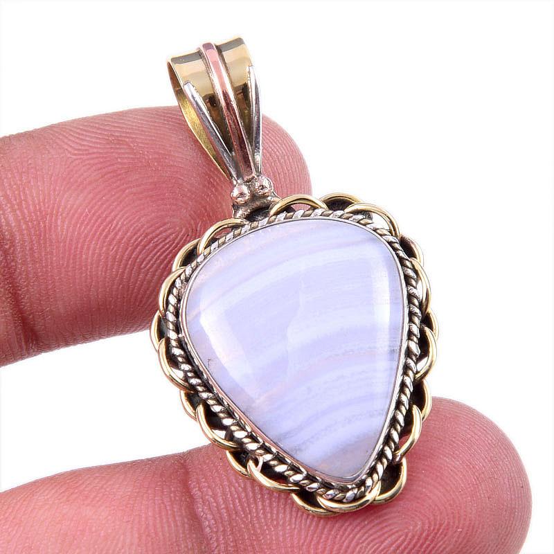 

Natural Blue Lace Agate Gemstone 925 Solid Silver Two Tone Pendant 1.50 d3u06