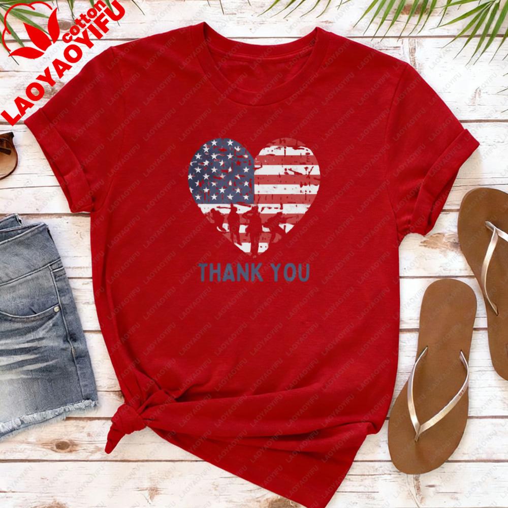 Memorial Day Shirt Thank You Shir Patriotic American Flag Tops Women Shortsleeved Clothes Army Tees Heart Memorial Day Tops