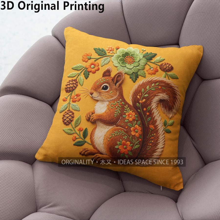 Embroidered Style Squirrel Floral Throw Pillow Covers Pattern Cushion Cover Suitable For Sofa Bedroom Car Pillow Cover