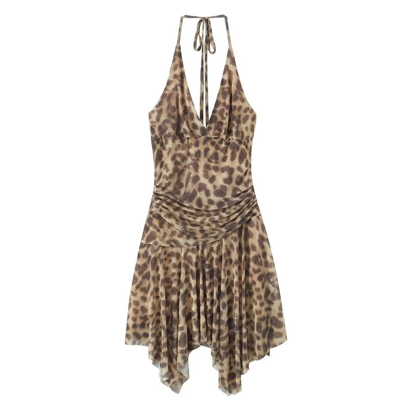 

Kaslead New Arrival Women s Clothing Fashion Style Fashion Leopard Print Print V-neck Halter Irregular Dress Leopard print L