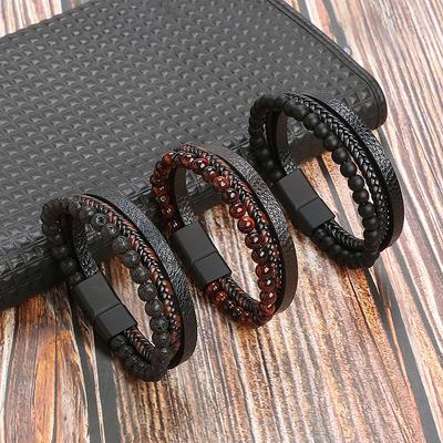 Hochwertiges Lederarmband für Herren Klassische Mode Roter Tigerauge Perlen Mehrschichtiges Lederarmband für Herren Schmuck Geschenk