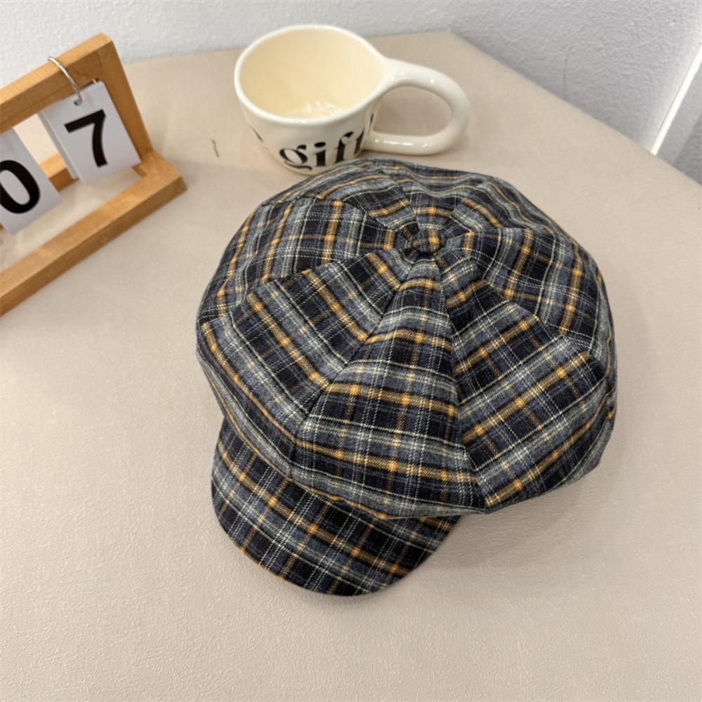 Cotton Grid Beret Cap Thin Women Octagonal Hat Vintage Plaid Cloud Cap  Girls