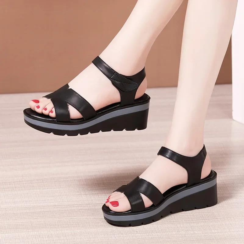 

6cm Small Size 33-43 All Match Comfortable Platform Wedges Shoes Summer 2025 Womens Leather Med Heels Sandals Office Mom Beach 33 чорний