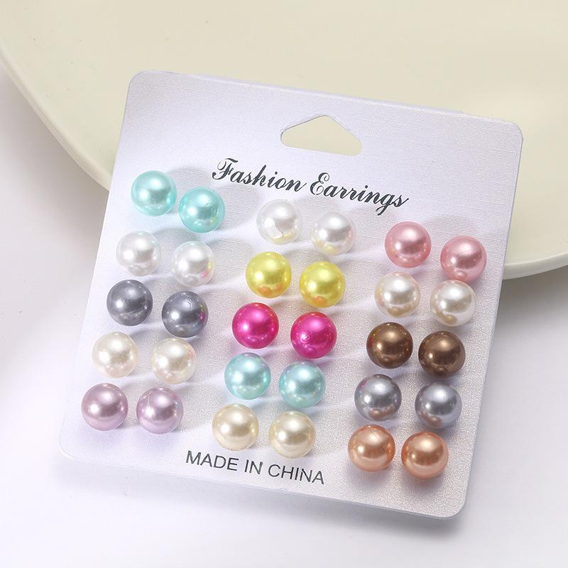 Europe and the United States hot-selling round color dopamine stud earrings simple temperament artificial pearl stud earrings set 11 pairs