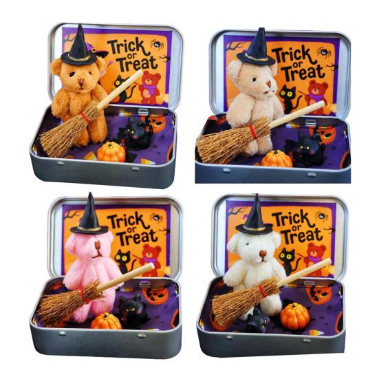 Halloween Bear In A Box for Trick or Treat Handmade Witch Bear In Box Miniature Plush Bear with Witch Hat Broom Pumpkin Cat for Halloween Party