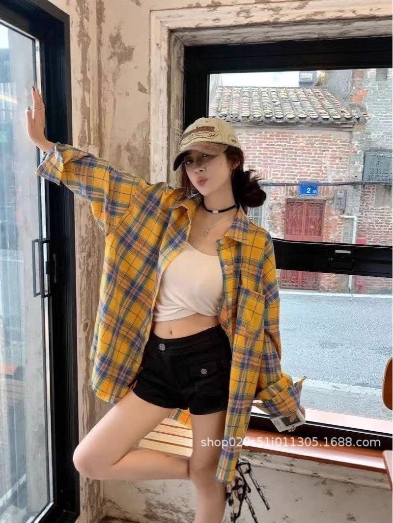 

Yellow Plaid High-End Loose Casual Shirt - 2025 Trendy Autumn Chic M жовтий