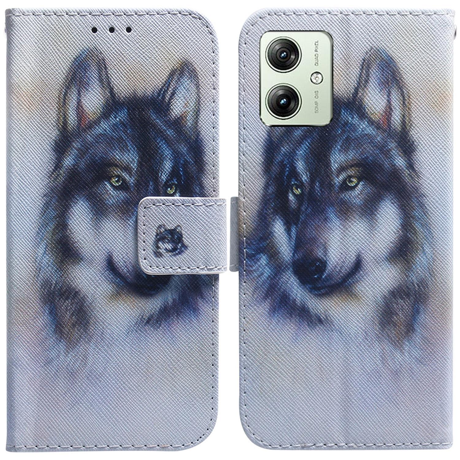 

For Motorola Moto G54 5G Case Pattern Printing PU Leather Stand Anti-fall Phone Cover Wolf