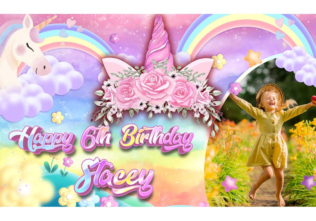 Personalised Birthday Backdrop Background Banner unicorn girl children Party