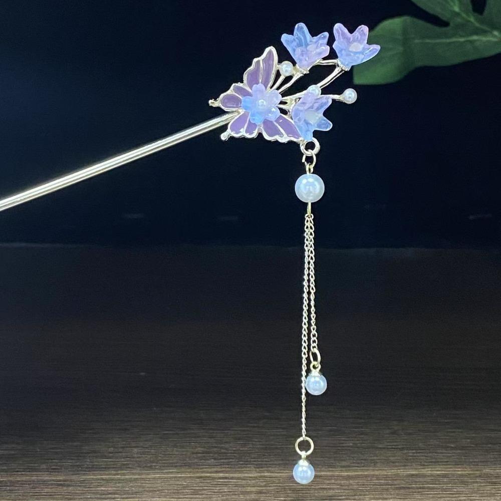 

1pc Exquisite Fashion Luxury Chinese Bell Orchid Butterfly Hairpin Vintage Shaking Tassel Hair Clip for Hanfu Qipao Costume фиолетовый
