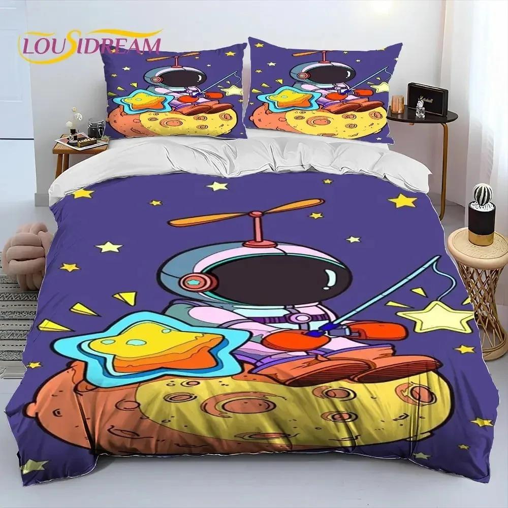 Astronaut Space Cartoon Comforter Bedding Set,Duvet Cover Bed Set Quilt Cover Pillowcase,King Queen Size Bedding Set for Child