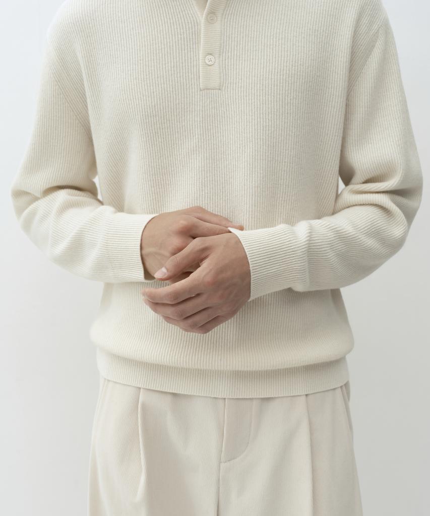 MUSINSA STANDARD [Victoria Wool] Minimal Ribbed Henley Neck Knit [Cream]