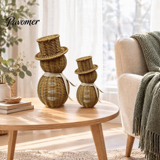 Indoor Christmas Shelf Decorations Faux Rattan Snowman Figurine, Rustic Farmhouse Statue with Bow, Reusable Holiday for Indoors Hand-Woven Wicker
