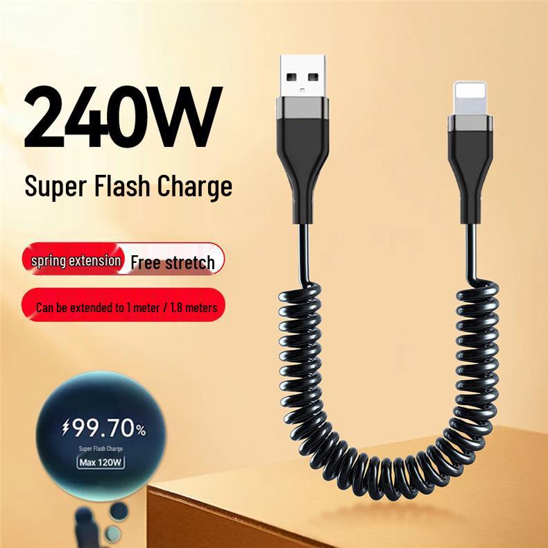 6A Dual Type-C Fast Charging Spring Cable, PD Compatible, for Apple & Huawei Phones, Retractable Design.