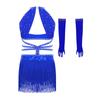 Sleeveless Ruched Mesh Bodice Rhinestone Sequin Dress with Strappy Waist Tassel and Mesh Gloves for Girls Latin Dance Competition Stage