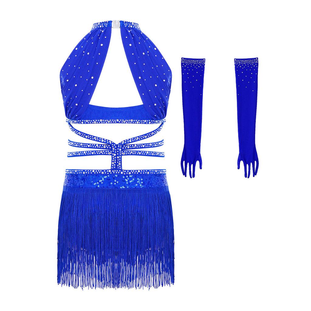 Sleeveless Ruched Mesh Bodice Rhinestone Sequin Dress with Strappy Waist Tassel and Mesh Gloves for Girls Latin Dance Competition Stage