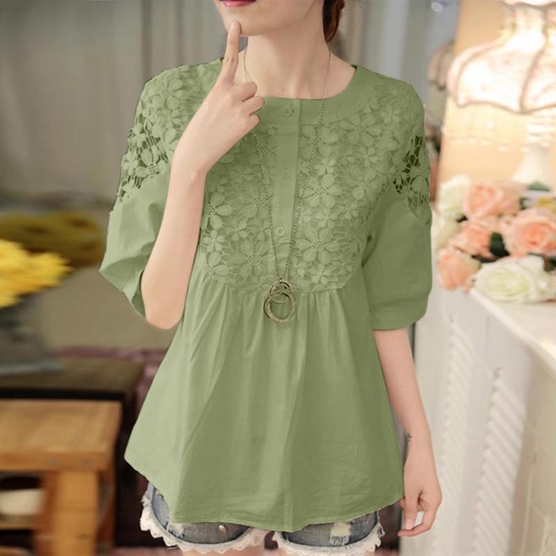 ZANZEA Womens Casual Lace Patchwork Round Neck Half Sleeve Blouse
