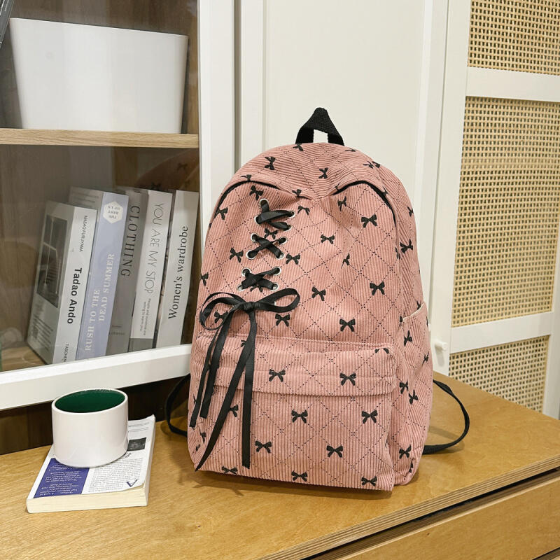 Bow Check Bag Women's Backpack Corduroy Backpack