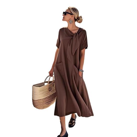 Women Summer Long Dress Tie Neck Short Sleeve Flowy Beach Sundress Casual Loose Vacation Long Dress with Pockets