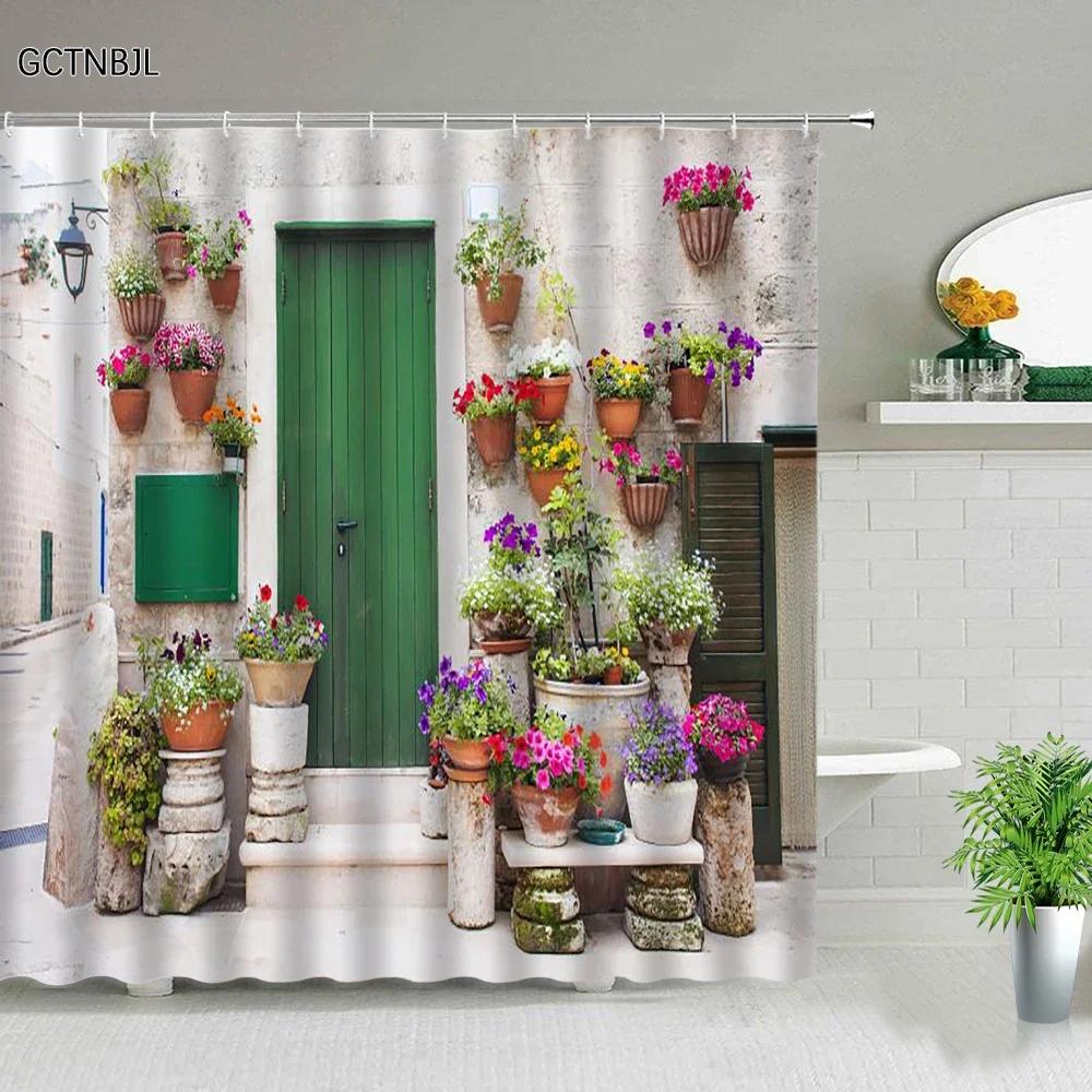 3D Landscape Shower Curtain Garden Wooden Bridge Plant Tree Flower Natural Scenery Bathroom Decor Hanging Wall Fabric Curtain