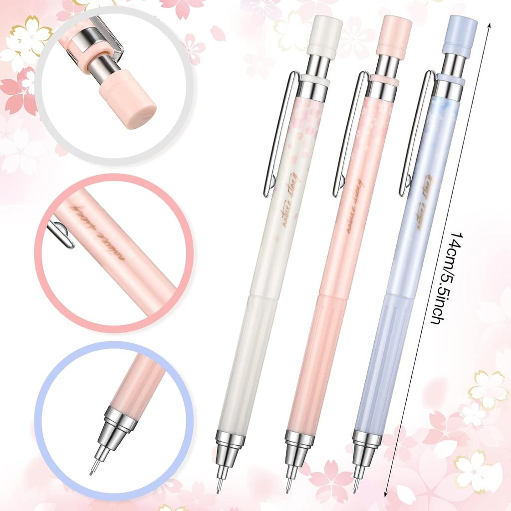 15 Pcs 0.5 mm Mechanical Pencil Set Include 6 Pcs Japanese Cute Pencils with 6 Tubes Pencil Refill and 3 Cute Cherry Erasers for Sketching