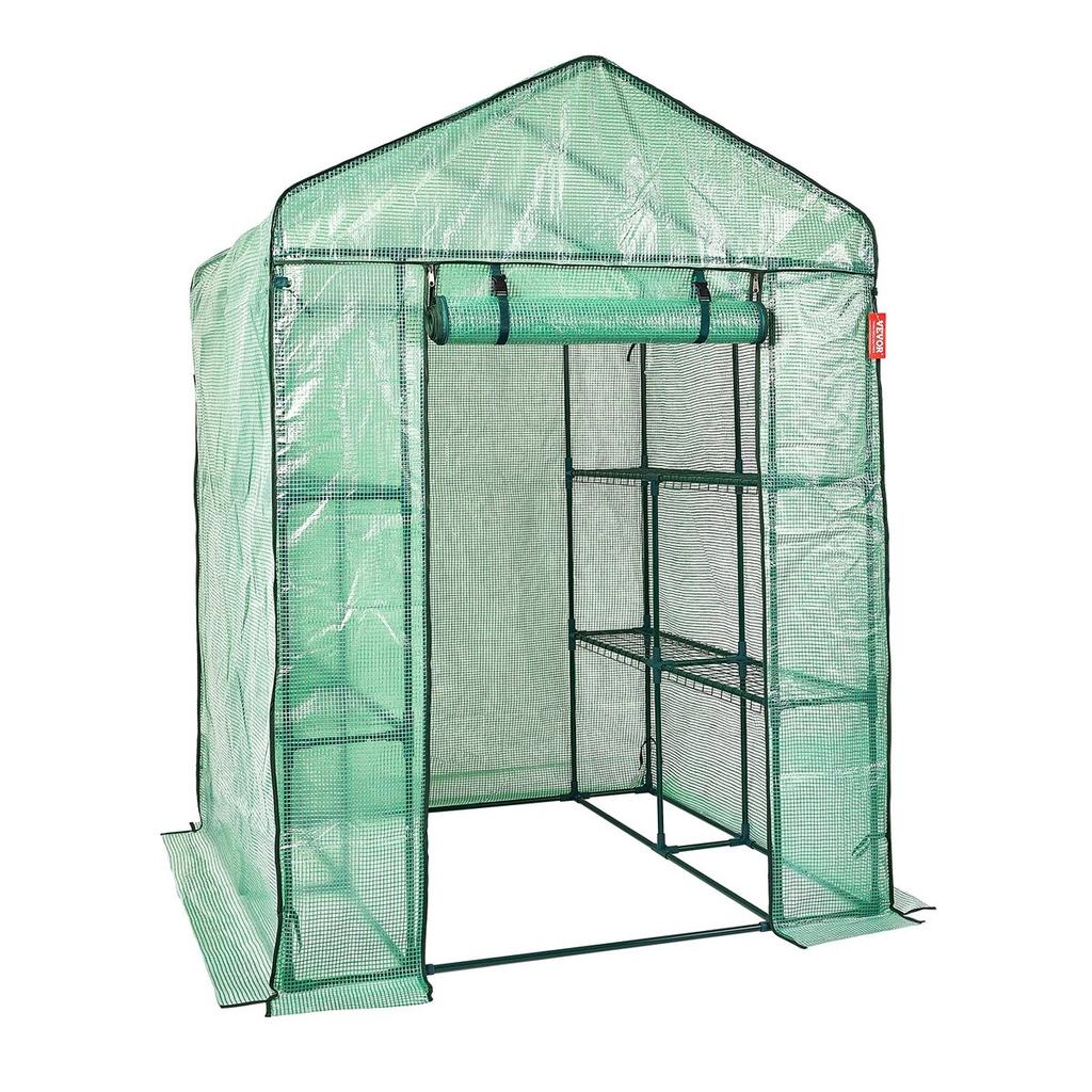 Walk-in Green House, 4.6 X 4.6 X 6.6 Ft Greenhouse with Shelves, Set Up In Minutes, High Strength PE Cover with Doors & Windows and Steel Frame,