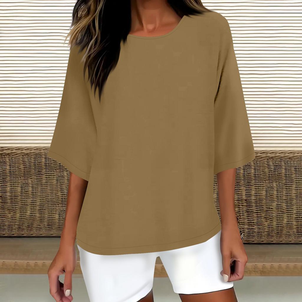 Women's Fashion Solid Color Casual T-Shirt Seven Sleeve Round Neck Cotton Top