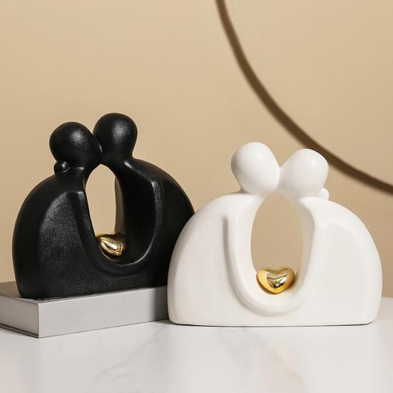 Ceramic Couple Statue Hugging Kissing Lover Figurine for TV Stand Shelf Decor Romantic Couple Heart Sculpture for Wedding Anniversary Gift