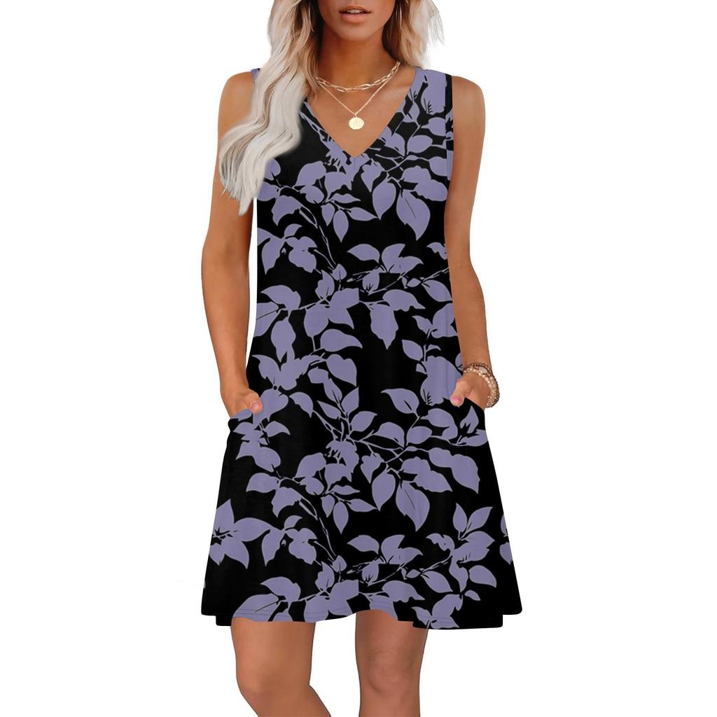 Women's Summer Dresses Loose Fit Printed V Neck Sleeveless Sundresses Beach Hawaiian Dress With Pockets