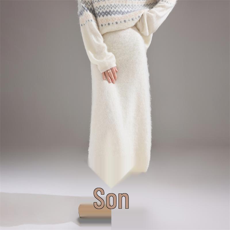 Autumn/Winter 100% Wool Solid Color Women's Slimming Midi Knitted Skirt