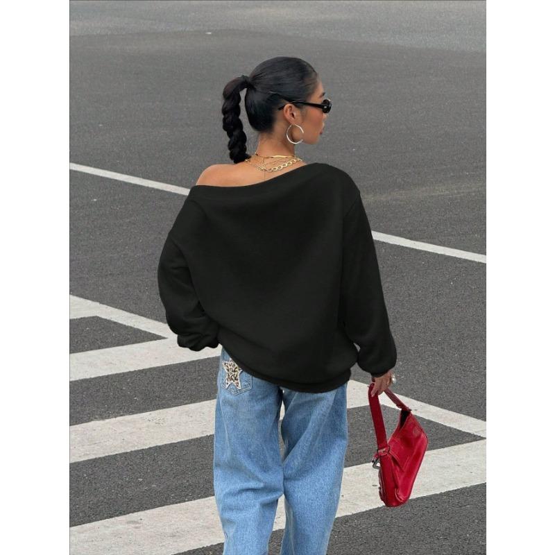 Women S Loose Off Shoulder Solid Color Pullover Sweatshirt