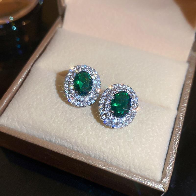 Emerald diamond leaf fringed earrings light luxury stud earrings women's European and American earrings
