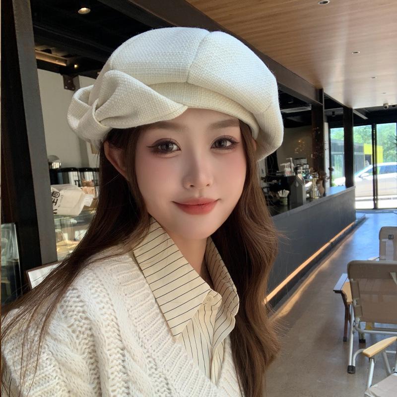 Korean Version of Autumn and Winter New Hat for Women with Bows and Niche Crowd Beret Temperament Showing Face Showing Little Painter Hat Trend