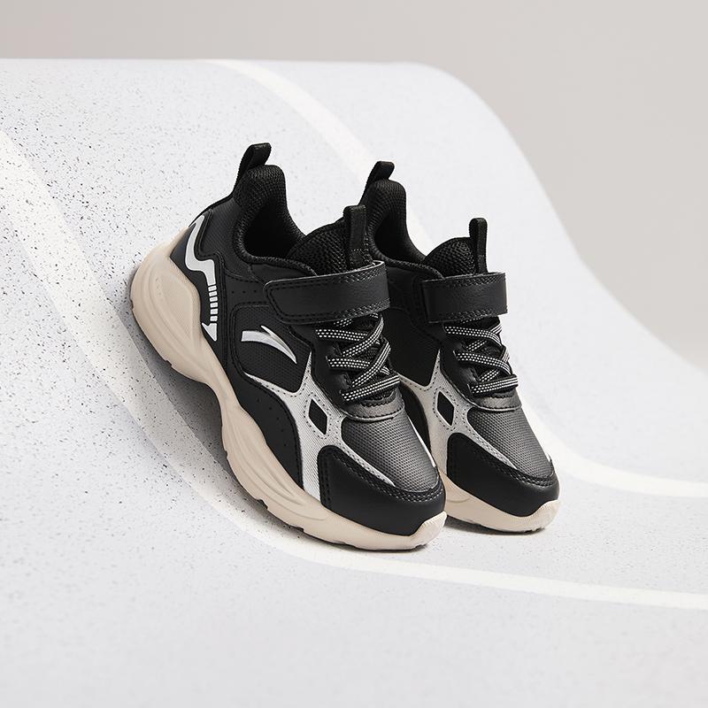 Anta Kids Synthetic Leather Fabric Trendy Versatile Lightweight Shock Absorbing Low Top Running Shoes Kids sneaker Black Silver A12449977N-2