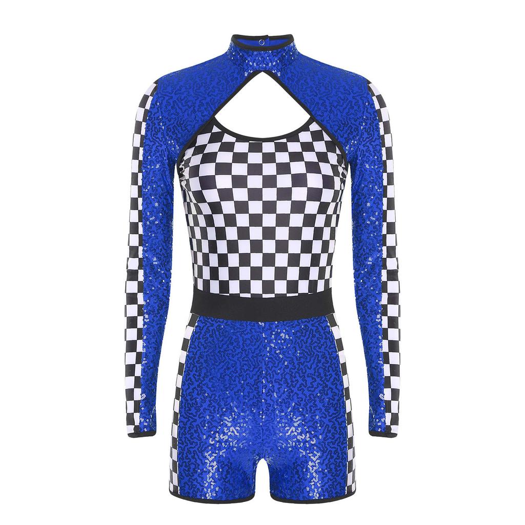 Damen glitzernder pailletten karierter Patchwork Rennfahrer Overall
