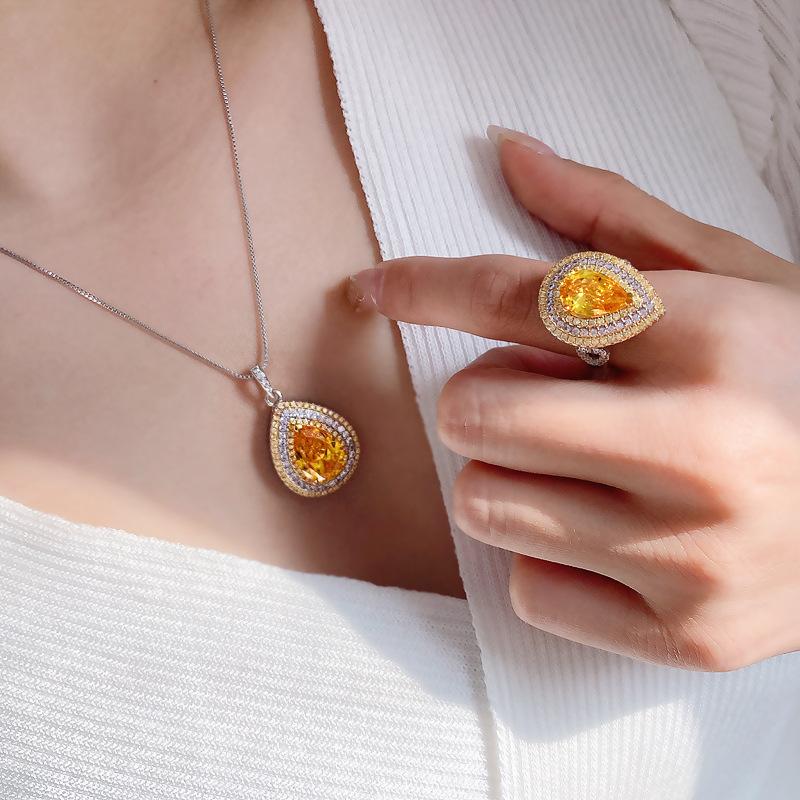 Jewelry Temperament Ring Color Treasure Popular Simulation Yellow Diamond Water Drop Pendant Retro
