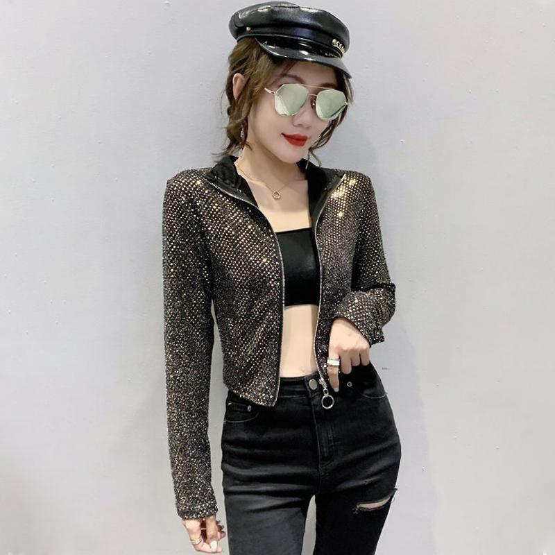 Fashion Glitter Sequined Short Jacket Women Slim Sexy Long Sleeve Zipper Coat Spring Autumn