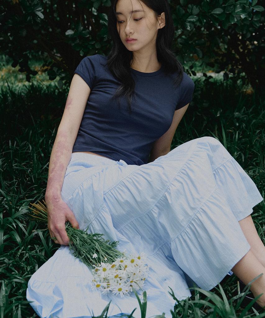 Ridge Shirred Long Tiered Skirt (Sky Blue)