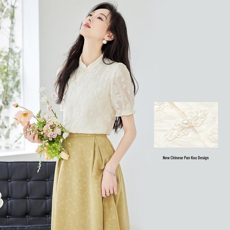 VICTORIA&VERA Women's New Chinese Style Stand Collar Short Sleeve Shirt