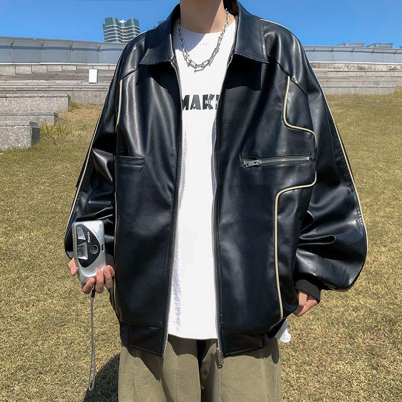 Spring and Autumn Leather Jacket Men's PU Leather Jacket Ruffian Handsome Casual Retro Locomotive Port Style Trend Handsome Trend Jacket