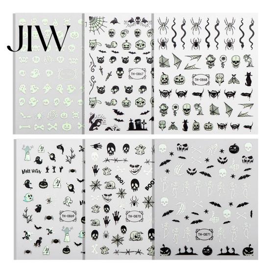 DIY Nail Art Stickers 6 Sheets Halloween Glow-in-the-dark Sticker, Spooky Ghost Pumpkin Skull Manicure Dark Theme Supplies Decal, Decoration