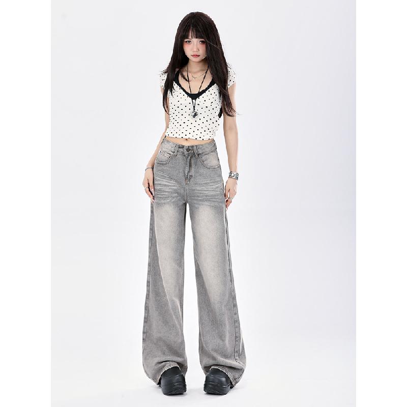 American Retro Style Smoky Gray High-end Wide-leg Jeans for Women, 2026 New Model, Drapey, Loose, Straight-leg, Floor-length Pants