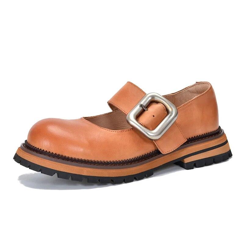 Johnature Moda Çok Yönlü Metal Toka Yuvarlak Ayak Kalın Taban Mary Janes Ayakkabı Hakiki Deri kadın Ayakkabıları
