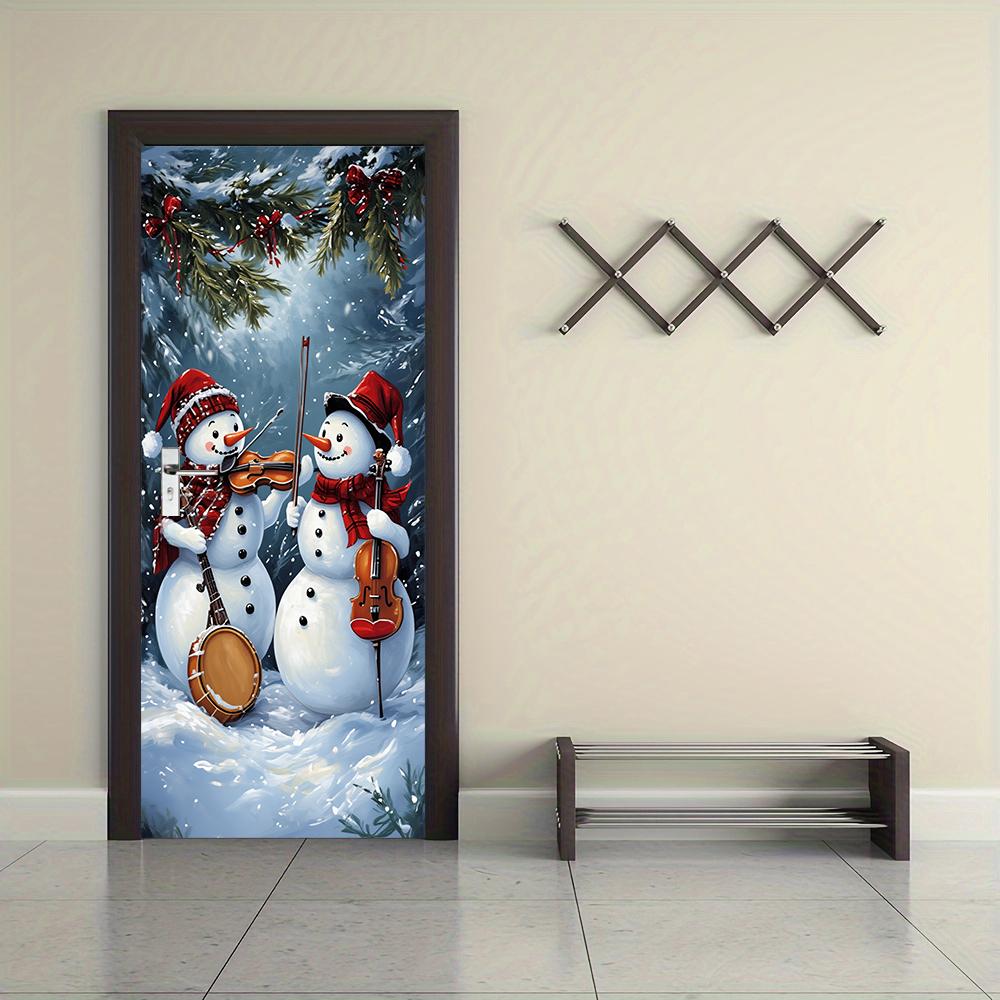 1pcs Christmas Decorative Door Stickers Cartoon Snowman Band Pattern Creative Festival Entrance Glass Stickers New Year Party Wi