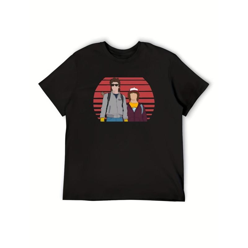 Men'S Casual Crew Neck T-Shirt with Steve & Dustin Graphic Design | Black, Regular Fit, All-Season Comfort, Perfect for Casual Attire, Print Pattern,